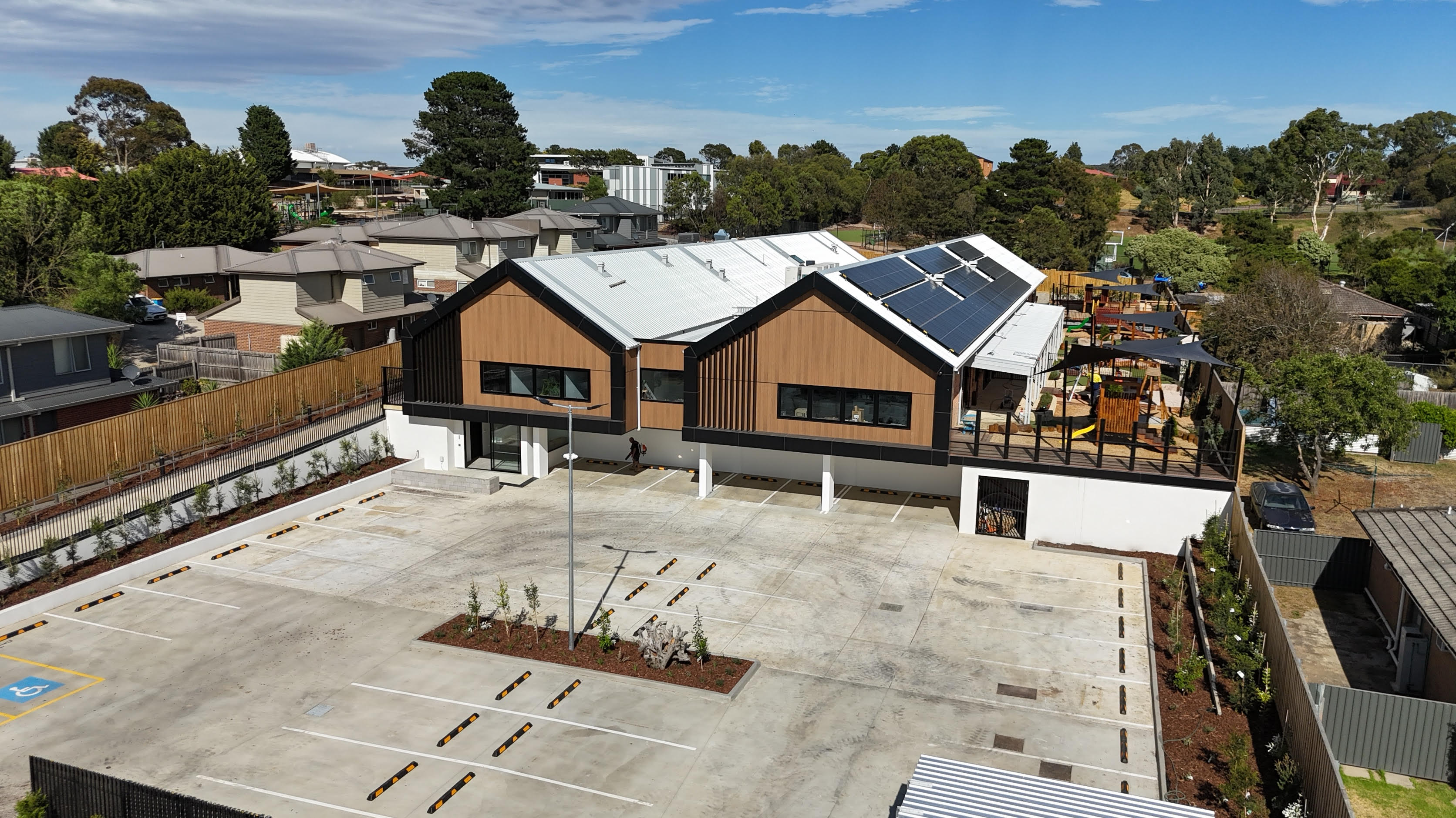 Commercial childcare centre build, aerial view with solar panels