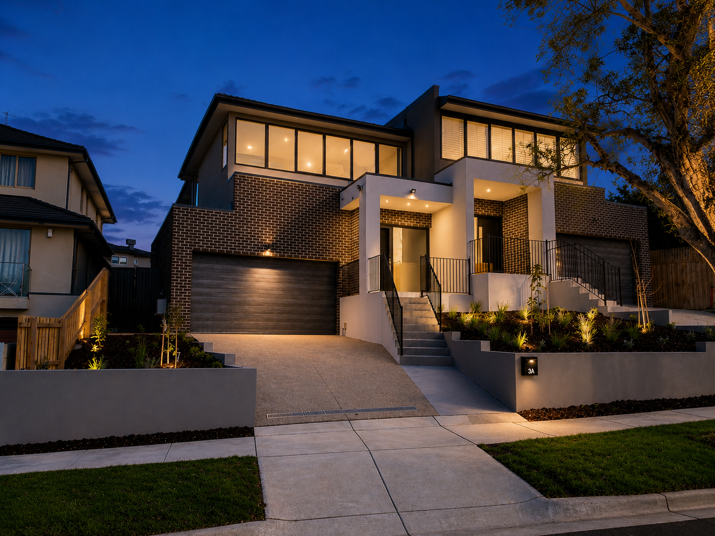 Luxury residential new construction, twilight exterior